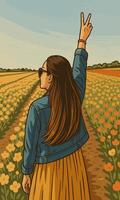 Woman Walking Through a Flower Field with Peace Sign Up vector
