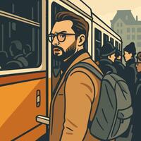 Man Boarding Train with Worried Expression in Urban City Scene vector