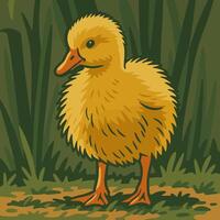Cute Yellow Duckling Standing in Tall Grass in a Cartoon Style vector