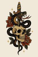 Stylized Snake and Dagger Tattoo Design Piercing Skull with Roses vector
