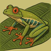 Vibrant Tree Frog Resting on a Large Leaf Illustration vector