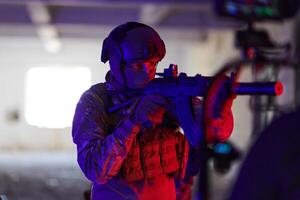 A professional cameraman captures the intense moments as a group of skilled soldiers embarks on a dangerous mission inside an abandoned building, their actions filled with suspense and bravery photo