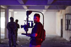 A professional cameraman captures the intense moments as a group of skilled soldiers embarks on a dangerous mission inside an abandoned building, their actions filled with suspense and bravery photo