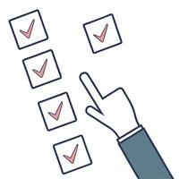 Flat Floating checkmarks being selected by a hand for workflow approvals concept as A hand selecting floating checkmarks in a seamless workflow approval process in Simple flat cut Clean Pro vector