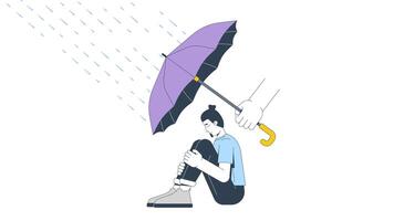 Support during mental health crisis 2D animation. Protection in difficult times. Hand holding umbrella over depressed man animated character cartoon flat concept metaphor 4K isolated on white video