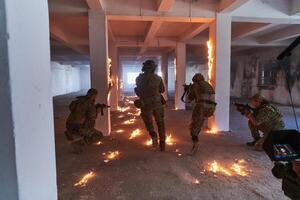 A professional cameraman captures the intense moments as a group of skilled soldiers embarks on a dangerous mission inside an abandoned building, their actions filled with suspense and bravery photo