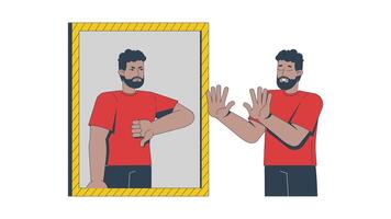Low self esteem mirror 2D animation. Insecurity, inner critic. Mental health. Black man facing harsh negative self-image animated character cartoon flat concept metaphor 4K isolated on white video