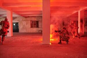 A group of professional soldiers bravely executes a dangerous rescue mission, surrounded by fire in a perilous building. photo