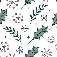 Flat Snowflake and holiday garland seamless tile pattern with festive greenery and sparkling accents concept as Festive greenery and sparkling accents paired with snowflakes create Clean Pro vector