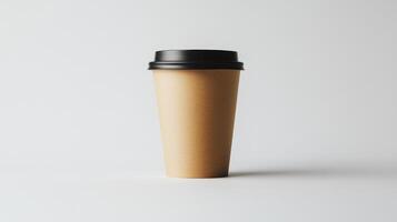 Minimalistic brown paper coffee cup with black lid on neutral background photo