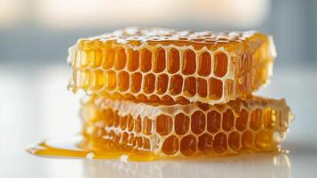 Fresh honeycomb dripping with golden honey against soft focus background photo