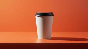 Minimalist white coffee cup on vibrant orange background with shadow photo