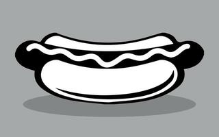 Cartoon Hot Dog with Simple Black and White Design. A black and white digital illustration of a hot dog, emphasizing its bold and minimalistic style with a classic bun and sausage. vector