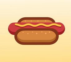 Classic simple minimalist hot dog with mustard on yellow background. A cartoon-style illustration of a hot dog in a bun with mustard on top, set against a warm yellow background. vector