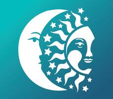 Decorative Moon and Sun Face with Stars. An elegant artistic depiction of a moon and sun with intricate details and surrounding stars. vector