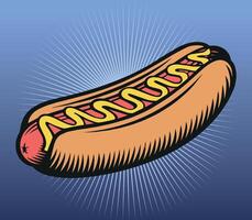 Vintage-Style Hot Dog Illustration with Mustard. A retro-style hot dog illustration with a glowing background and artistic shading, emphasizing its delicious look. vector