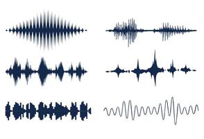 Sound Waveforms and Audio Frequencies in Blue Tones. A set of sound waves and audio waveforms visualized in blue, representing different frequencies and digital signals. vector