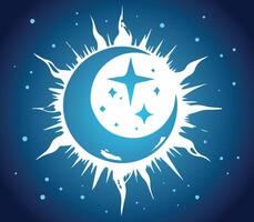 Sun symbol with crescent moon and stars inside on dark background. Sun icon logo with crescent moon and stars inside vector