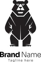 Bold geometric bear logo in black and white, featuring a stylized standing bear with sharp angular shapes and a fierce expression, vector