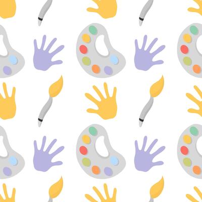 seamless pattern of colorful paint brushes and palms