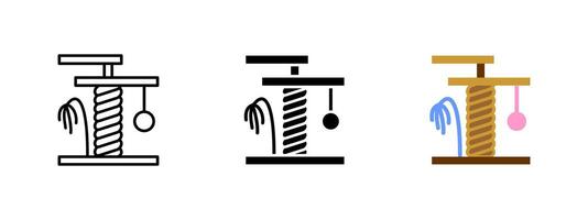 Cat scratcher icon. Vertical sisal scratching post with perch and hanging toy illustration. Interactive furniture for indoor feline exercise, claw care and playful activity symbol. vector