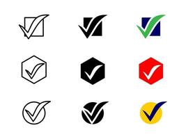 Check mark icon. Stylized tick symbol in different shapes and colors illustration. Confirmation and validation pictogram for forms, checklists, tasks and approval interfaces. vector