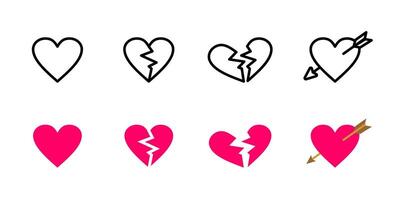 Heart icon. Set of heart symbols with full, broken, tilted broken and arrow-pierced illustrations. Love and relationship signs for expressing emotions, romance, heartbreak and affection. vector