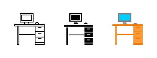 Desk icon. Office workstation with computer monitor and drawers illustration. Work desk symbol for business environment, digital productivity and home office setup. vector