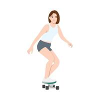 Woman in a tank top and shorts is balancing on a skateboard, enjoying an active moment. vector