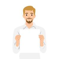 Man with a beard and short hair is holding a blank white sign in front of him. vector