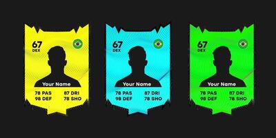 Custom football player card template with silhouette and Brazil flag. Three color variations. yellow, blue, and green. Editable design for gaming profile or sports ranking concept vector