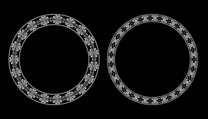 Set of elegant circle decorative round frames on black background.