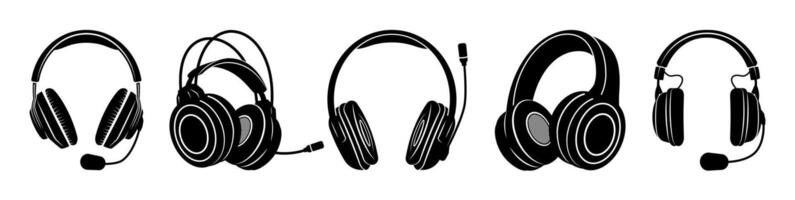 Headset web icon collection. Flat retro music listening device and headset sign collection. Black silhouette design, art image illustration, isolated on white background. vector