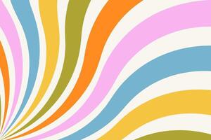 Retro background with groovy wavy sunbeams. Colorful swirl rays. Vintage abstract 60s-70s design with vortex stripes. summer backdrop with curved lines vector