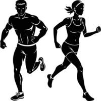Athletic Couple Running Side by Side with White Background Silhouette vector