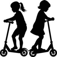 Silhouette of Children Enjoying a Scooter Adventure on White Background vector
