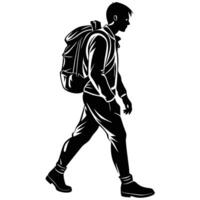 Silhouette of a Person with Backpack Walking on a White Background vector