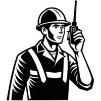 Silhouette of a Construction Worker Using a Walkie Talkie on a White Background vector