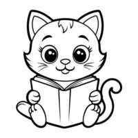Adorable Cat Diligently Reading a Book Coloring Page vector