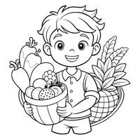 Young Boy Holding a Cornucopia Overflowing with Fresh Vegetables vector