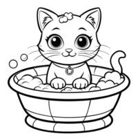 Adorable Feline Bathes Cheerfully in a Ceramic Basin Coloring Page vector