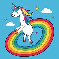 Unicorn s Magical Adventure on a Rainbow Path in the Sky vector
