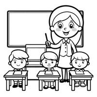 Classroom Scene Depicting Teacher and Students Engaging in Outline Coloring Activity vector