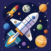 Space Shuttle Soaring Past Planet and Satellite in Cosmic Symphony vector