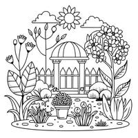 Serene Garden Landscape in Minimalist Line Art for Coloring and Relaxation vector