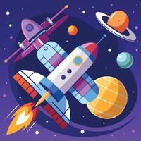Space Shuttle Soaring Through Earth s Orbit with Satellite and Planet Companion vector