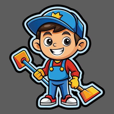 Adhesive Sticker Featuring a Mascot Character Depicting a Diligent Cleaner Boy