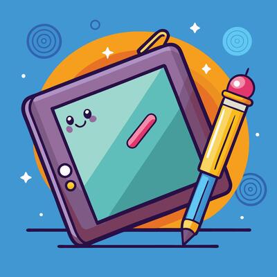 Cartoon Icon Illustration of a Stylus Pencil on a Digital Tablet