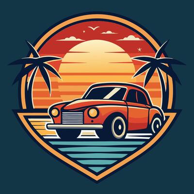 Classic Summer Car Emblem Set on Retro Sunset Beach Paradise