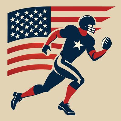 Silhouette of an American Football Player Sprinter with an American Flag